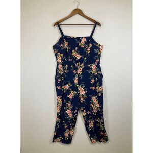 Old Navy Jumpsuit Women XL Navy Blue Floral Rayon Wide Leg Smocked Back Pocket